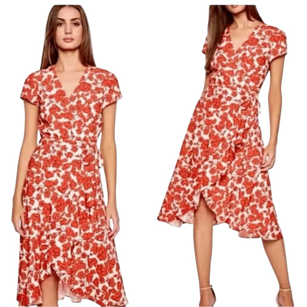 Bardot Red White Floral Faux Wrap Midi Dress Large Fiesta Spring Wedding Shower